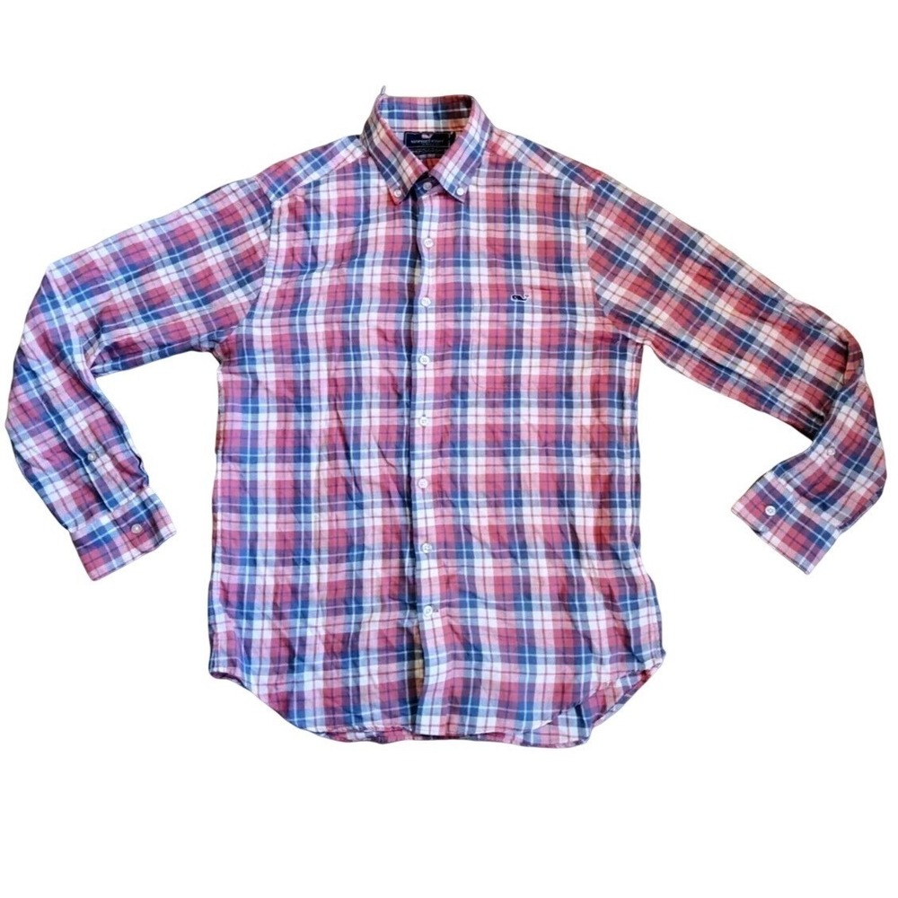 Vineyard Vines Shirt Mens Medium Plaid Slim Fit Tucker Linen‎ Blend Button Down
